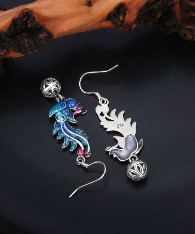 Regular Blue Sterling Silver Cloisonne Phoenix Drop Earrings LY2307 - fabuloryshop