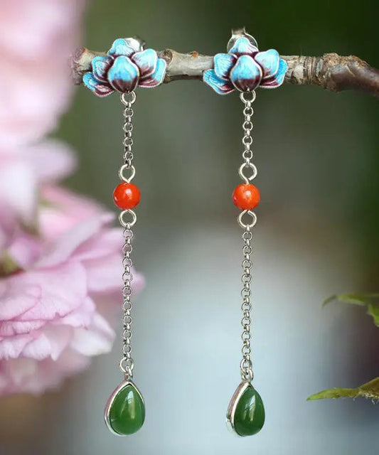 Regular Blue Sterling Silver Inlaid Jade Gem Stone Cloisonne Drop Earrings Ada Fashion