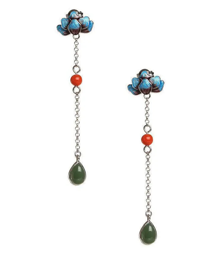 Regular Blue Sterling Silver Inlaid Jade Gem Stone Cloisonne Drop Earrings Ada Fashion