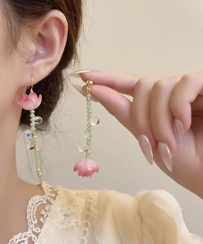 Regular Pink Sterling Silver Overgild Asymmetricar Resin Lotus Drop Earrings Ada Fashion