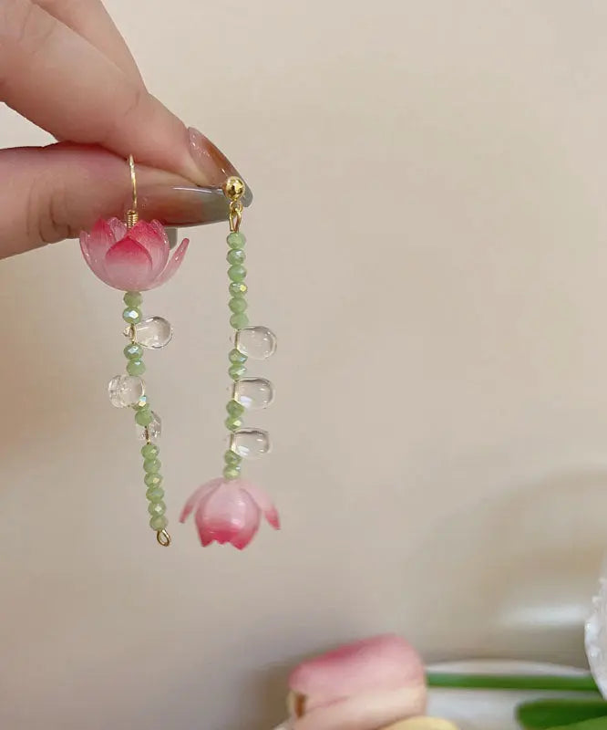 Regular Pink Sterling Silver Overgild Asymmetricar Resin Lotus Drop Earrings Ada Fashion