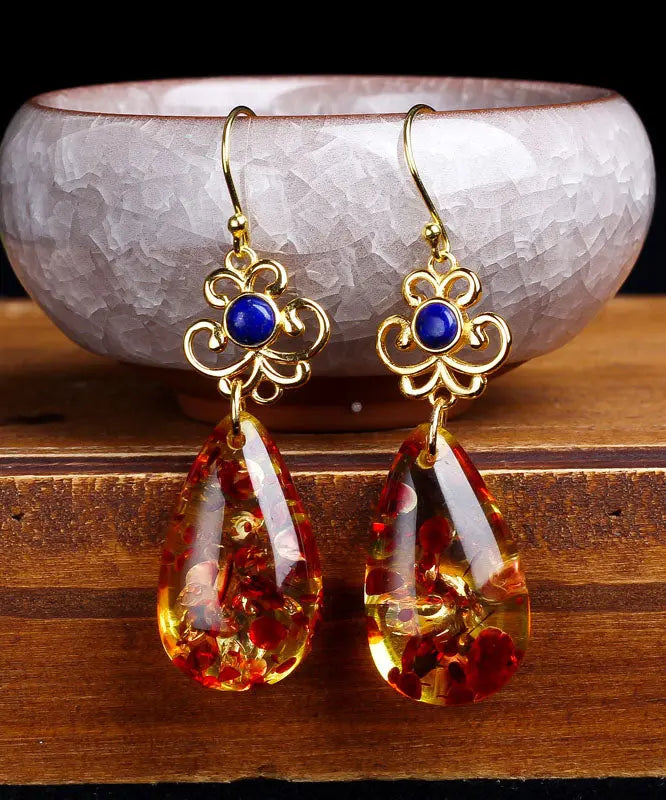 Regular Sterling Silver Overgild Inlaid Gem Stone Amber Drop Earrings Ada Fashion