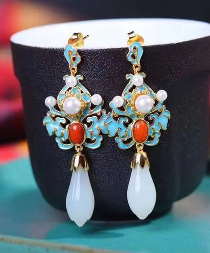 Regular Sterling Sliver Overgild Pearl Cloisonne Jade Agate Drop Earrings Ada Fashion