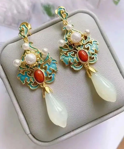 Regular Sterling Sliver Overgild Pearl Cloisonne Jade Agate Drop Earrings Ada Fashion