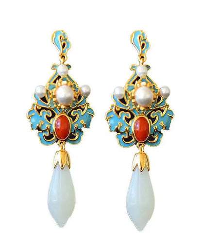 Regular Sterling Sliver Overgild Pearl Cloisonne Jade Agate Drop Earrings Ada Fashion