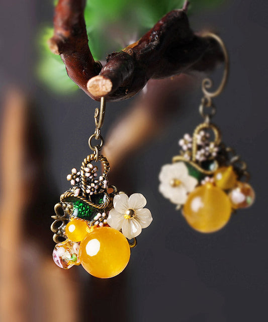 Regular Yellow Copper Pearl Coloured Glaze Oil Drip Floral Drop Earrings LY2320
