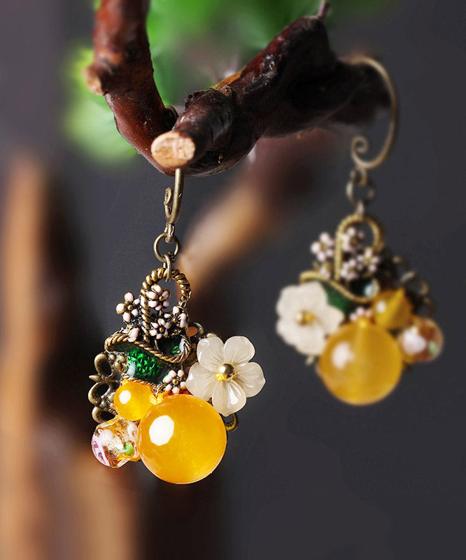 Regular Yellow Copper Pearl Coloured Glaze Oil Drip Floral Drop Earrings LY2320 - fabuloryshop