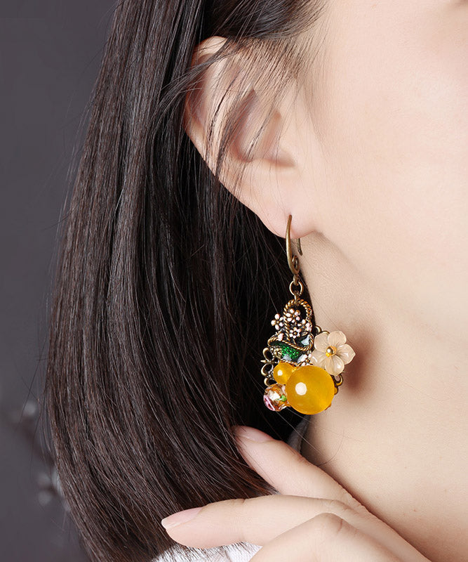 Regular Yellow Copper Pearl Coloured Glaze Oil Drip Floral Drop Earrings LY2320 - fabuloryshop