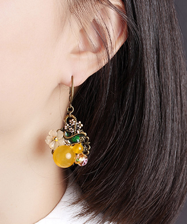 Regular Yellow Copper Pearl Coloured Glaze Oil Drip Floral Drop Earrings LY2320 - fabuloryshop