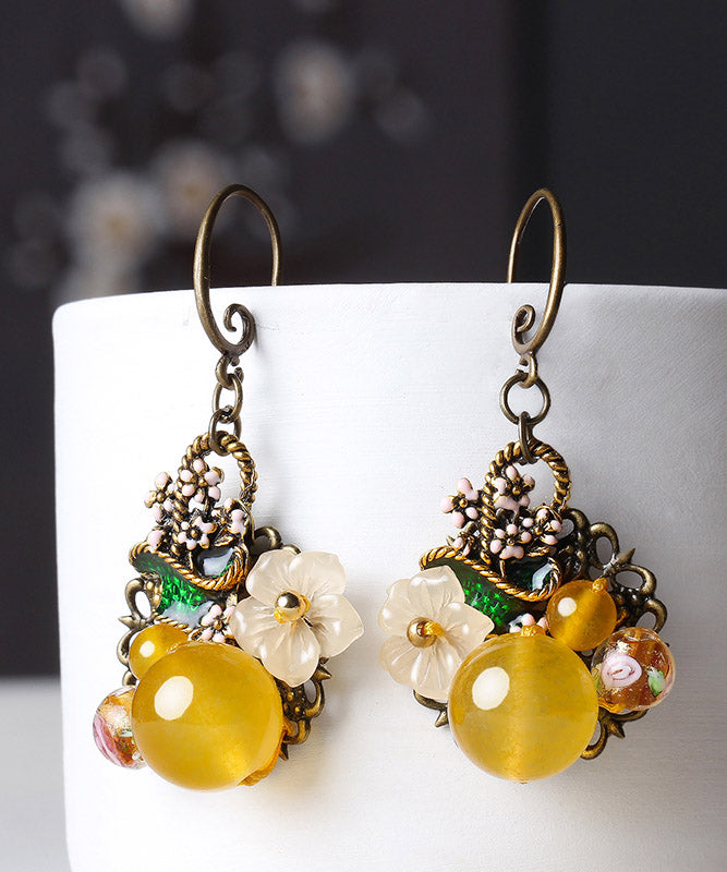 Regular Yellow Copper Pearl Coloured Glaze Oil Drip Floral Drop Earrings LY2320 - fabuloryshop