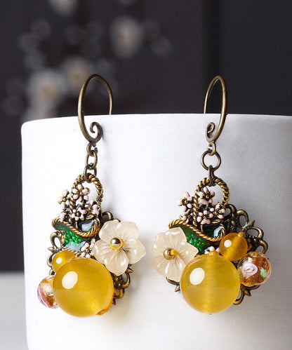 Regular Yellow Copper Pearl Coloured Glaze Oil Drip Floral Drop Earrings LY2320 - fabuloryshop