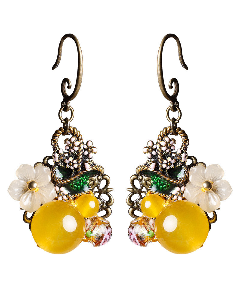 Regular Yellow Copper Pearl Coloured Glaze Oil Drip Floral Drop Earrings LY2320 - fabuloryshop