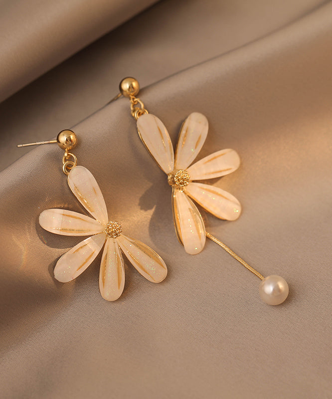 Retro Beige Asymmetricar Floral Alloy Pearl Resin Drop Earrings LY1786 - fabuloryshop