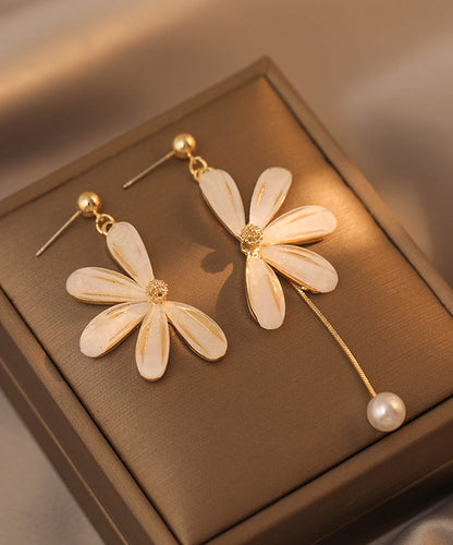 Retro Beige Asymmetricar Floral Alloy Pearl Resin Drop Earrings LY1786 - fabuloryshop