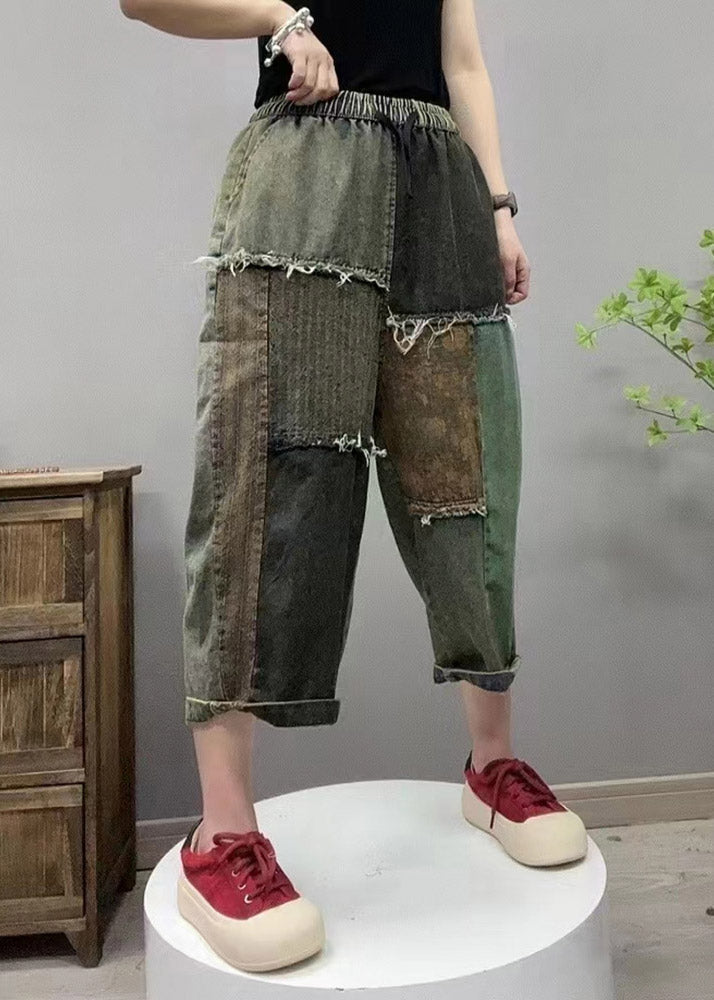 Retro Black Elastic Waist Patchwork Cozy Denim Straight Pants Summer LY4641 - fabuloryshop