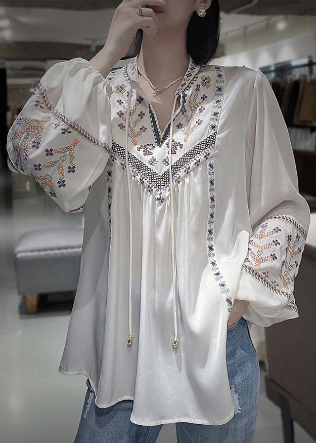 Retro Black Embroideried Lace Up Silk Blouse Tops Long Sleeve Ada Fashion