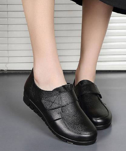 Retro Black Flats Cowhide Leather Buckle Strap Flat Shoes LY0227 - fabuloryshop