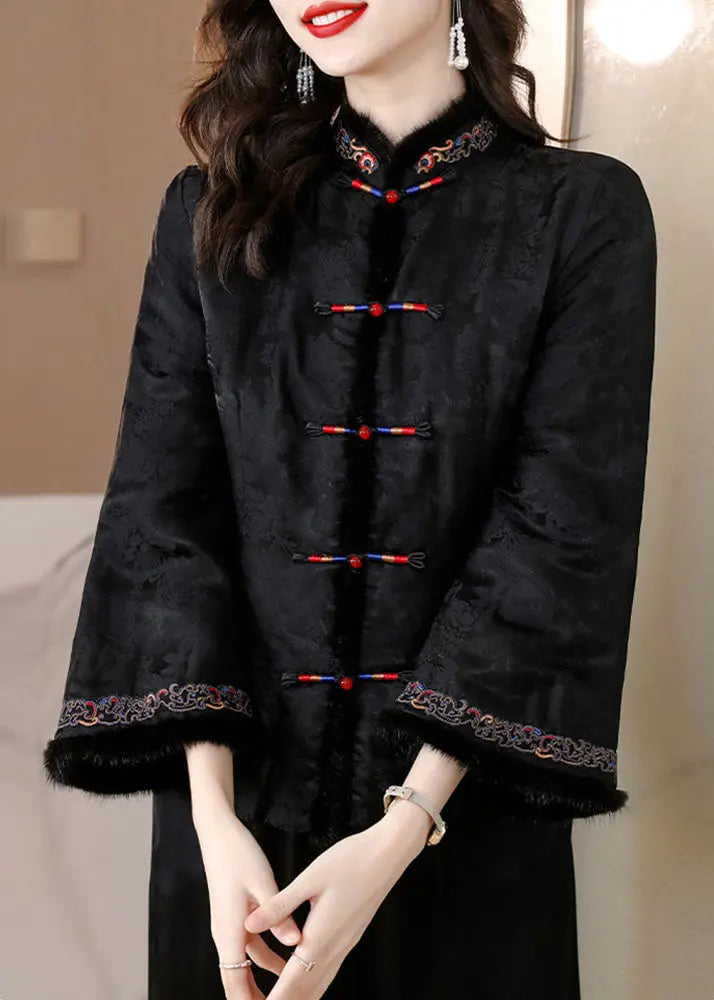 Retro Black Fur Collar Embroidered Button Silk Coats Long Sleeve Ada Fashion