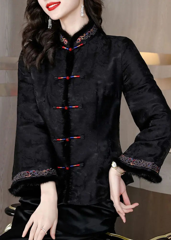 Retro Black Fur Collar Embroidered Button Silk Coats Long Sleeve Ada Fashion