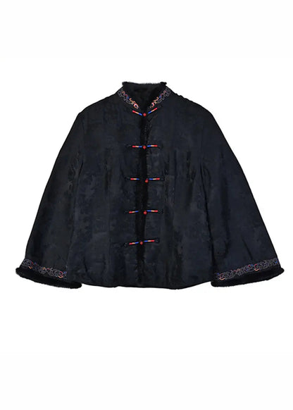 Retro Black Fur Collar Embroidered Button Silk Coats Long Sleeve Ada Fashion