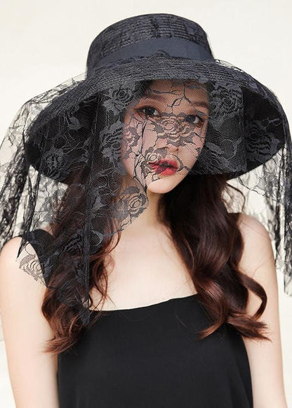 Retro Black Lace Patchwork Straw Woven Floppy Sun Hat LC0471 - fabuloryshop