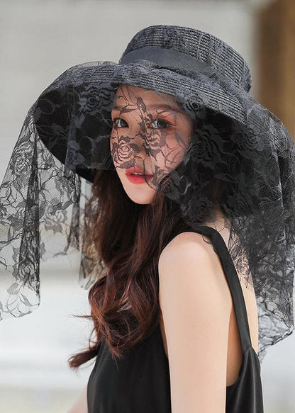 Retro Black Lace Patchwork Straw Woven Floppy Sun Hat LC0471 - fabuloryshop