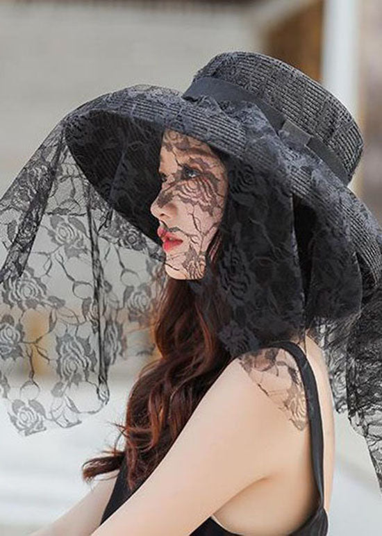 Retro Black Lace Patchwork Straw Woven Floppy Sun Hat LC0471 - fabuloryshop