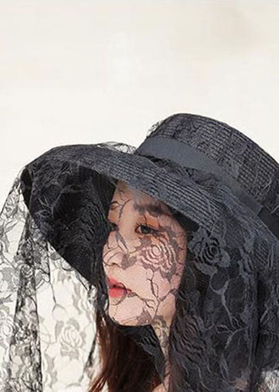 Retro Black Lace Patchwork Straw Woven Floppy Sun Hat LC0471 - fabuloryshop