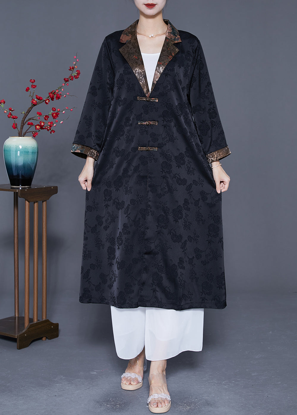 Retro Black Notched Patchwork Chinese Button Silk Trench Coats Spring LY5391 - fabuloryshop