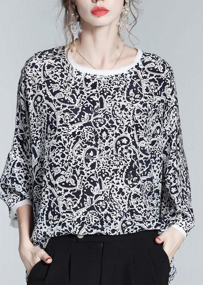 Retro Black O-Neck Print Silk Shirts Long Sleeve LY 0135 - fabuloryshop