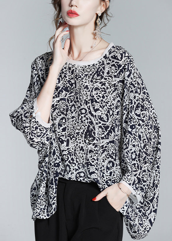 Retro Black O-Neck Print Silk Shirts Long Sleeve LY 0135 - fabuloryshop