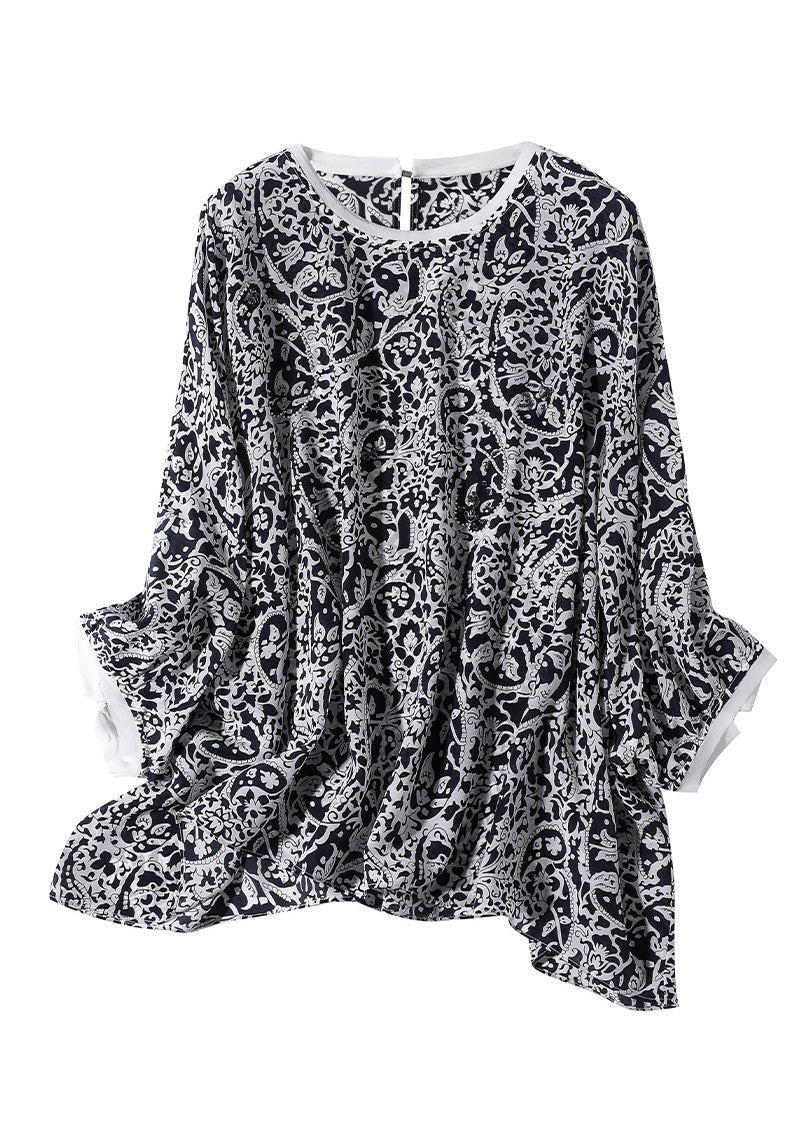 Retro Black O-Neck Print Silk Shirts Long Sleeve LY 0135 - fabuloryshop