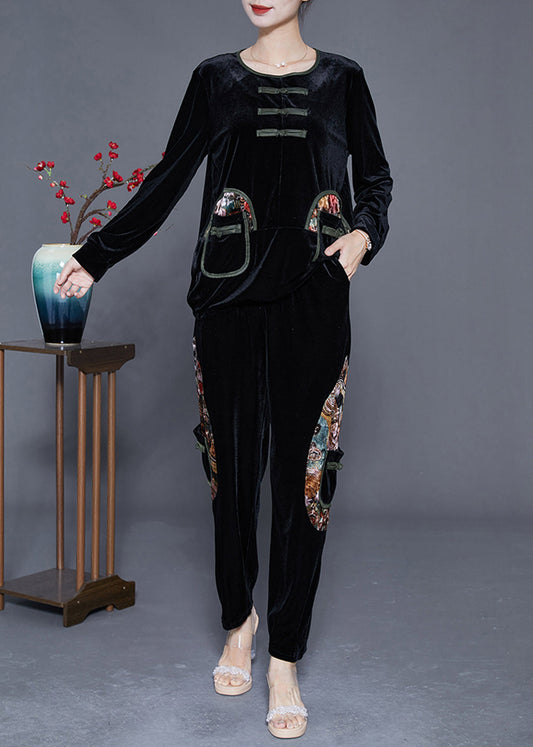 Retro Black Oversized Patchwork Chinese Button Silk Velour Two Pieces Set Fall LU3608