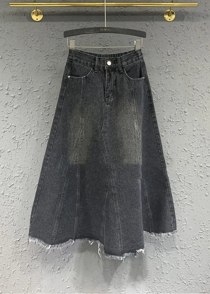 Retro Black Pockets Patchwork Button Denim Maxi Skirt Ada Fashion