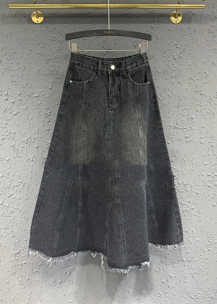 Retro Black Pockets Patchwork Button Denim Maxi Skirt Ada Fashion