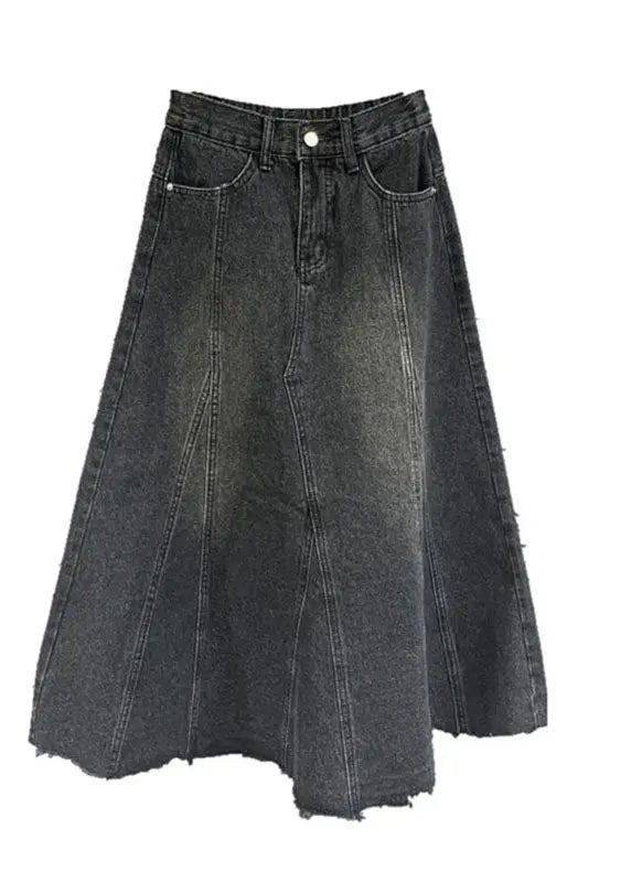 Retro Black Pockets Patchwork Button Denim Maxi Skirt Ada Fashion