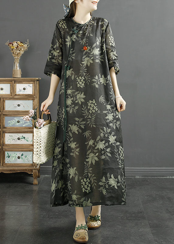 Retro Black Print Chinese Button Patchwork Linen Dresses Summer Ada Fashion