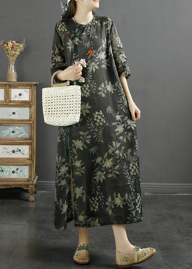 Retro Black Print Chinese Button Patchwork Linen Dresses Summer Ada Fashion