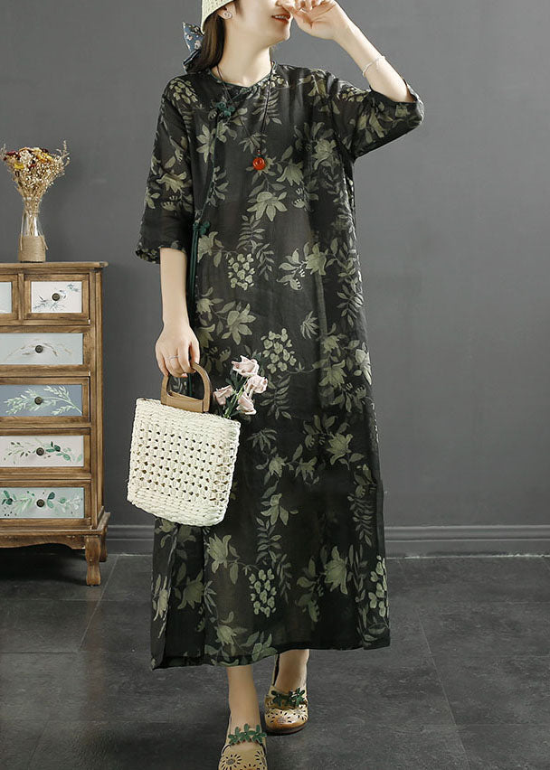 Retro Black Print Chinese Button Patchwork Linen Dresses Summer Ada Fashion