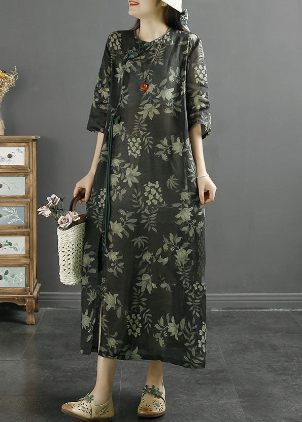 Retro Black Print Chinese Button Patchwork Linen Dresses Summer Ada Fashion