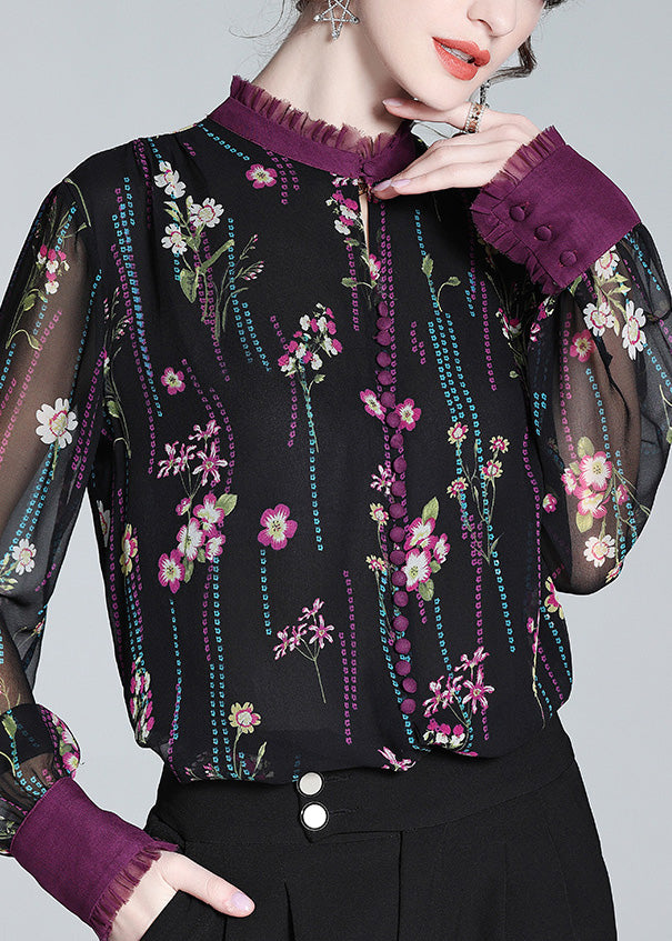 Retro Black Ruffled Graphic Print Hollow Out Button Silk Shirt Spring LY0726