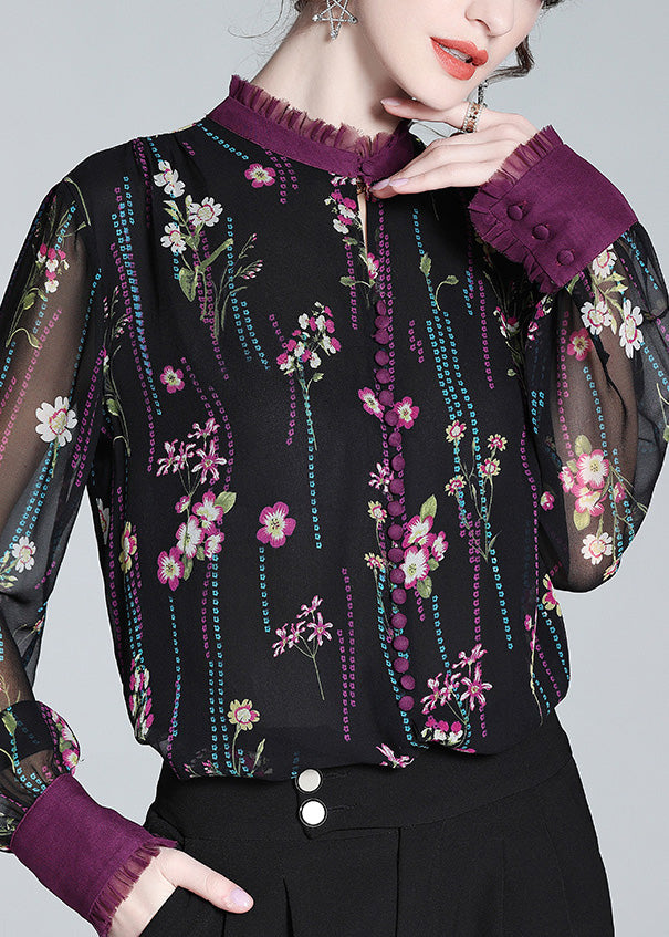 Retro Black Ruffled Graphic Print Hollow Out Button Silk Shirt Spring LY0726 - fabuloryshop