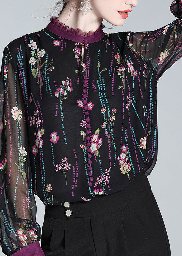 Retro Black Ruffled Graphic Print Hollow Out Button Silk Shirt Spring LY0726 - fabuloryshop