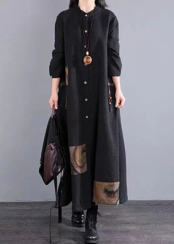 Retro Black Stand Collar Button Patchwork Cotton Long Dresses Fall Ada Fashion