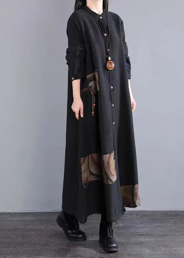 Retro Black Stand Collar Button Patchwork Cotton Long Dresses Fall Ada Fashion