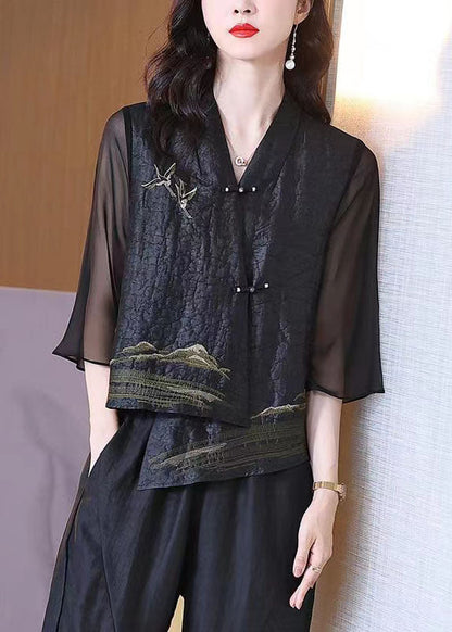 Retro Black V Neck Patchwork Chinese Button Silk Coats Bracelet Sleeve LC0244 - fabuloryshop