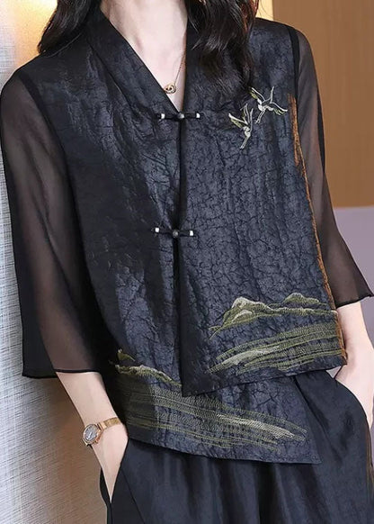 Retro Black V Neck Patchwork Chinese Button Silk Coats Bracelet Sleeve LC0244 - fabuloryshop