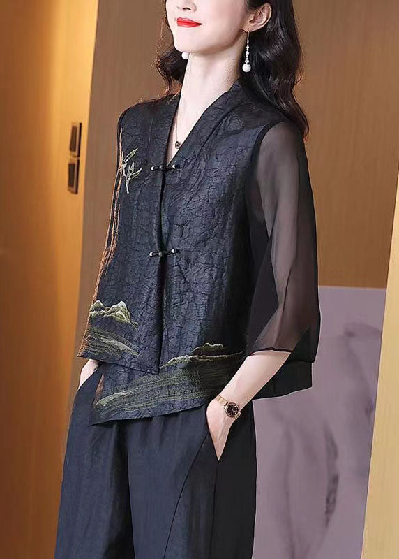 Retro Black V Neck Patchwork Chinese Button Silk Coats Bracelet Sleeve LC0244 - fabuloryshop