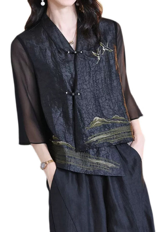 Retro Black V Neck Patchwork Chinese Button Silk Coats Bracelet Sleeve LC0244 - fabuloryshop