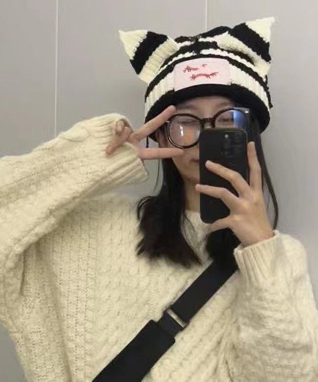 Retro Black White Striped Pig Ear Knit Bonnie Hat LY512 - fabuloryshop